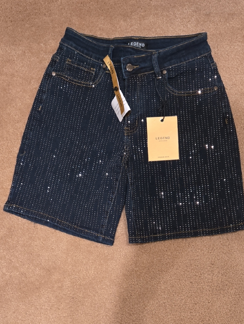 LEGEND Women's Dark Blue Rhinestone Jean Shorts
